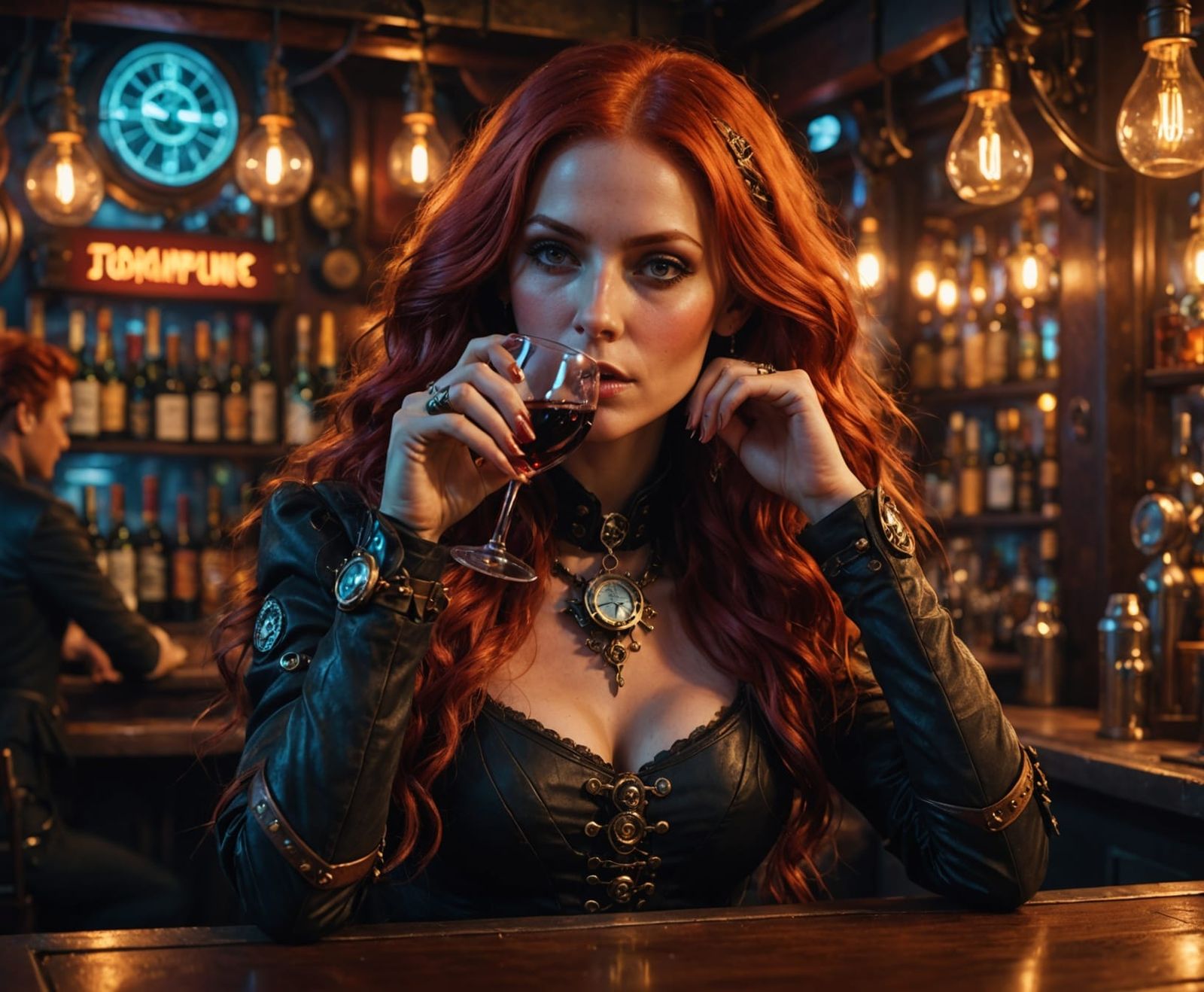 Mysterious Redhead in Neon Lit Steampunk Bar