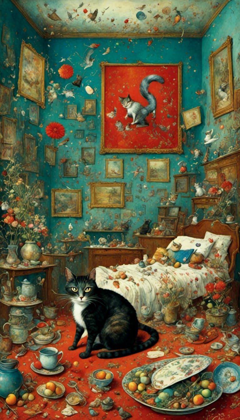 <lora:A is for:1.0> <lora:HD 2D Pixel Art:1.0> Matisse The Red Room Inspired Cat Shirt Artistic Design Cat Lover Gift Ar...