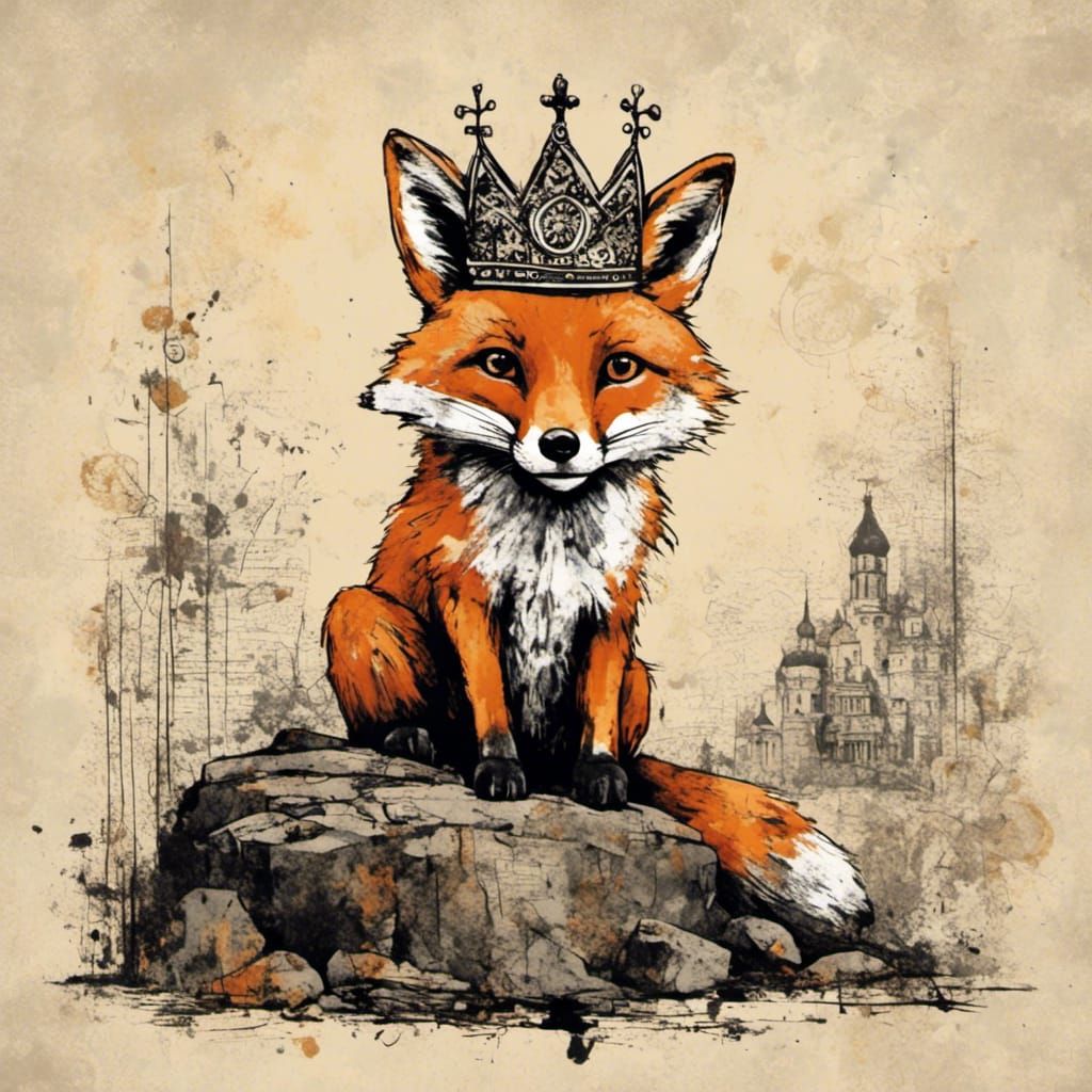 Fox with Crown in Folk Art Illustration