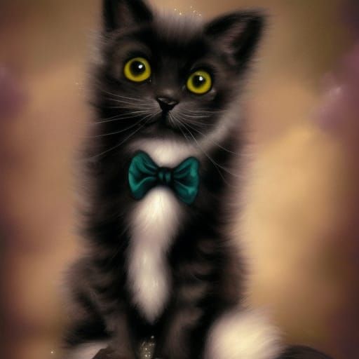 Very cute black and white tuxedo cat with warm brown cat eyes& ethereal purple background that shimmers& glitters& cute ...