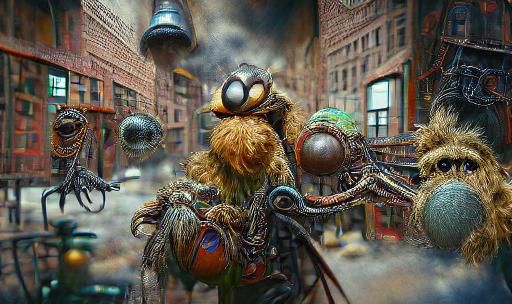 Muppet Warrior Riding Alien Spider in Burning City