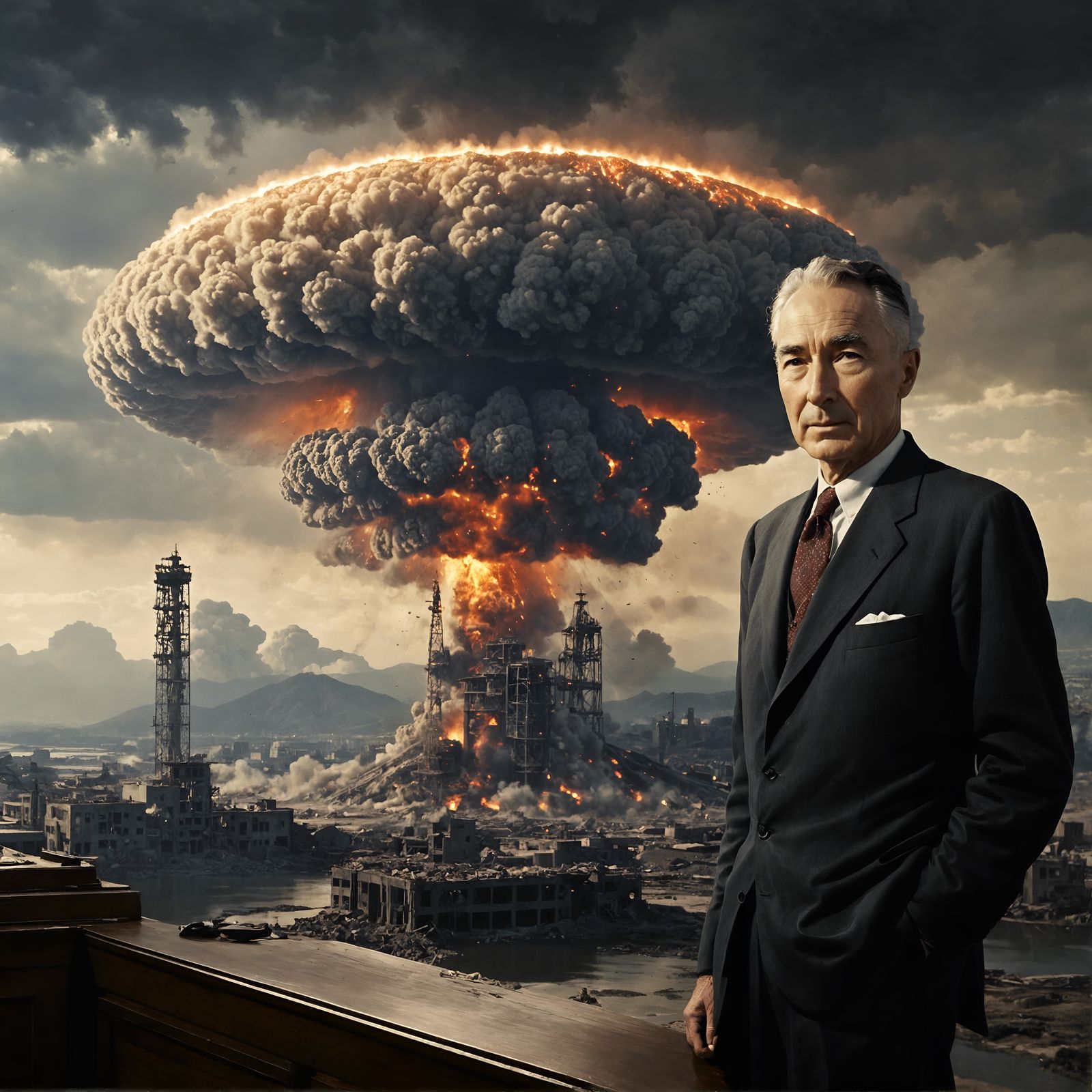 Portrait of J. Robert Oppenheimer and in the background the atomic mushroom cloud over Hiroshima (6 August 1945)