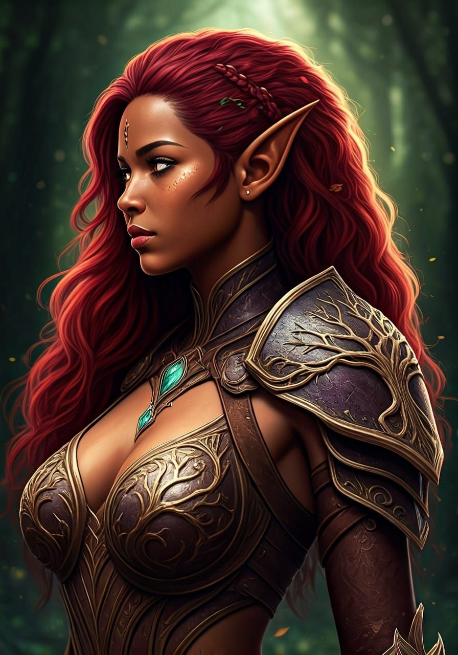 Beautiful Elf Portrait in Magical Forest, Anime Art