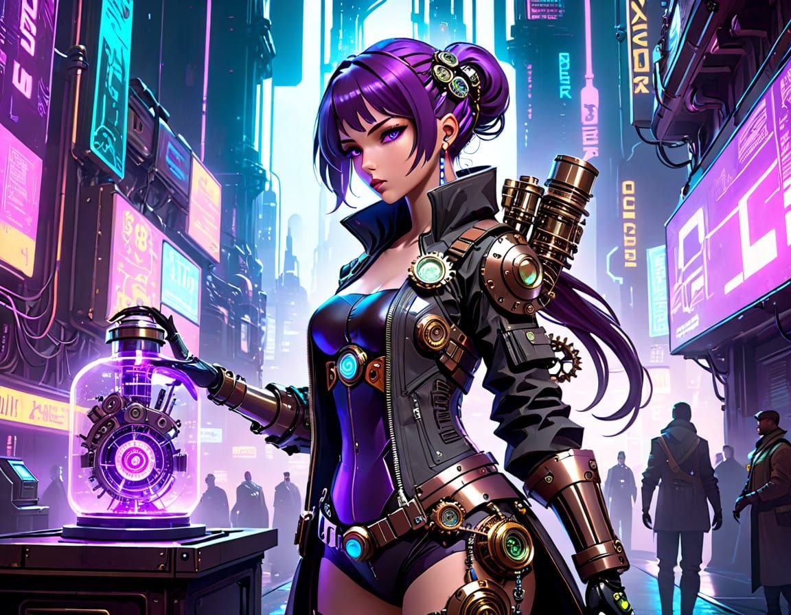 Cyberpunk Female Scientist in Neon Cityscape