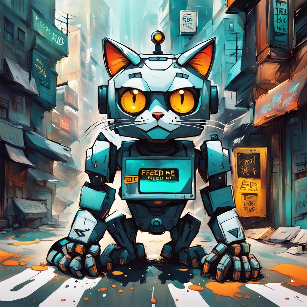 A  cute robot cat  Artstation, by Asaf Hanuka, by Hazem Taha...