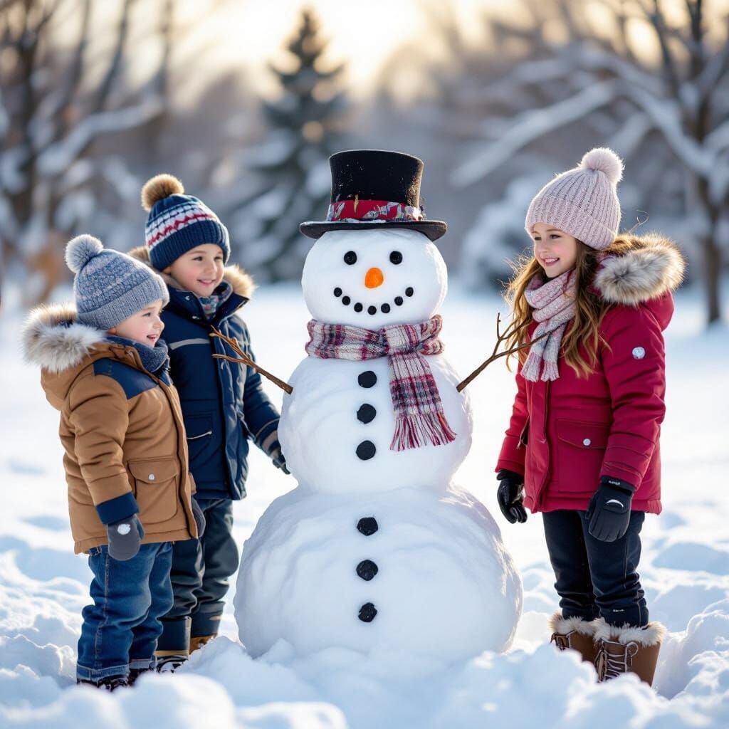 Children Admire Snowman in Snowy Field