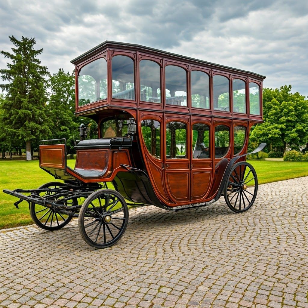 A vintage double-deck like  horse-drawn carriage.
