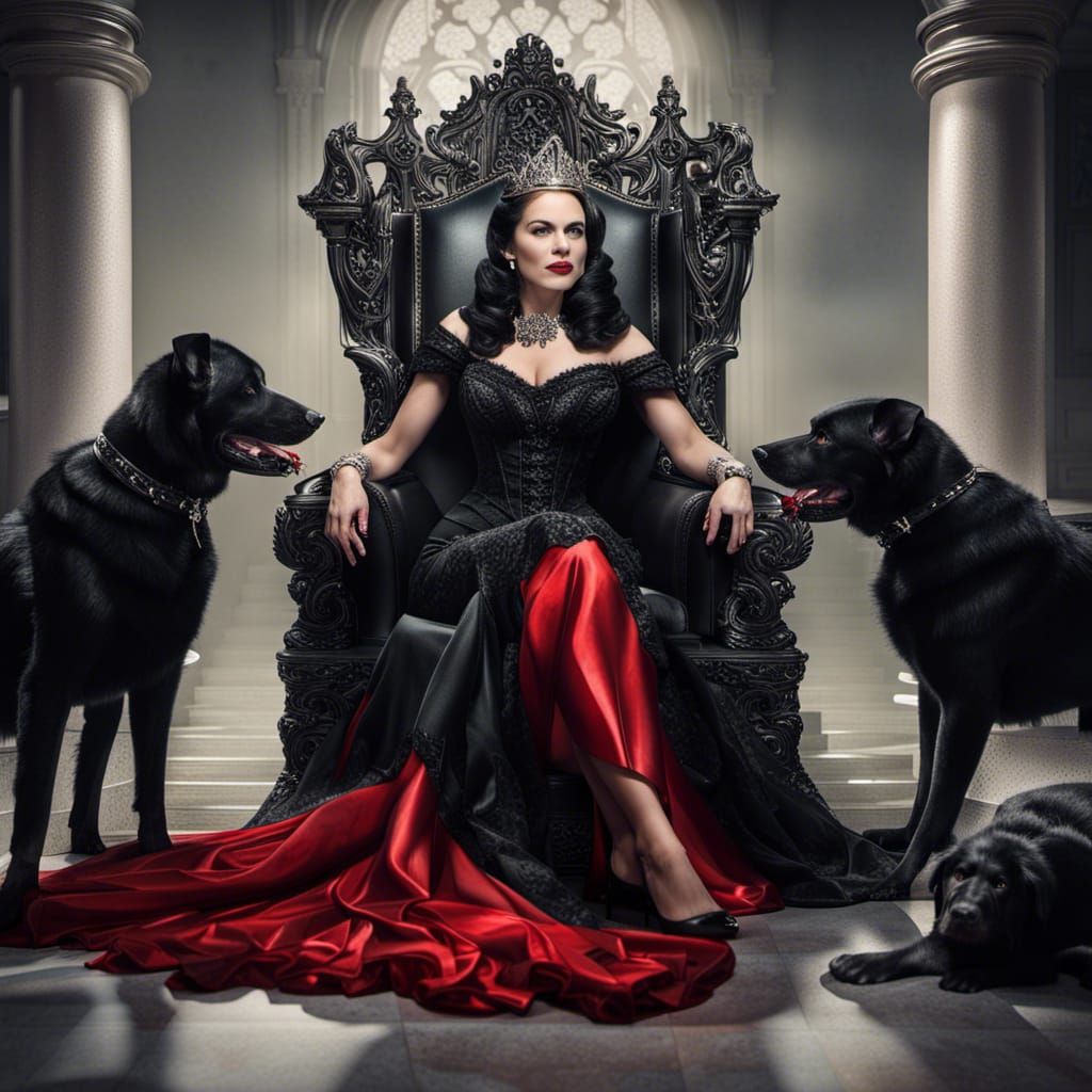 Evil Queen on Throne with Black Dogs