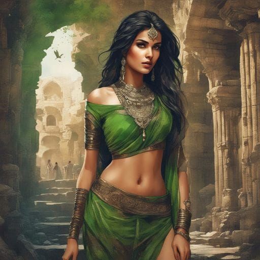 Indian Model in Ancient Ruins as Splash Art