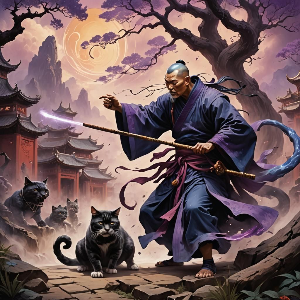 Feline Taoist Monk Fighting Demons in Fantasy Art