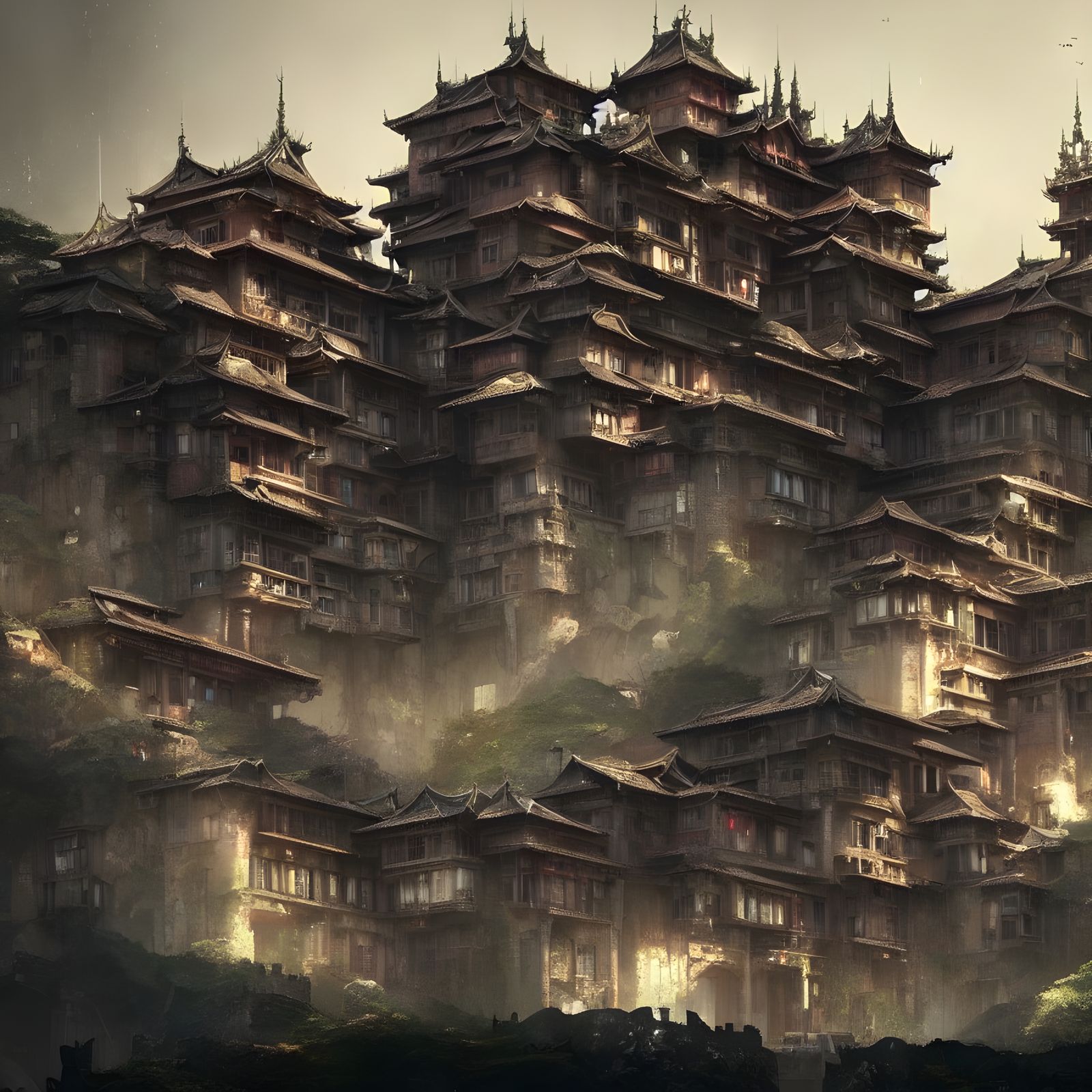 Cyberpunk Fortress Mansion on Hillside