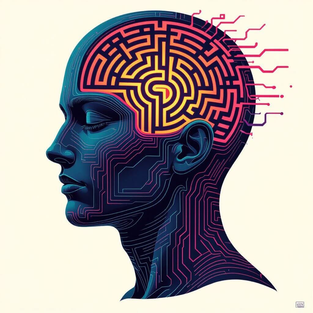 Human Head with Maze Labyrinth in Surreal Style
