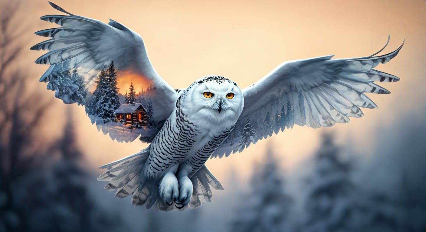Snow Owl Double Exposure in Watercolor Style