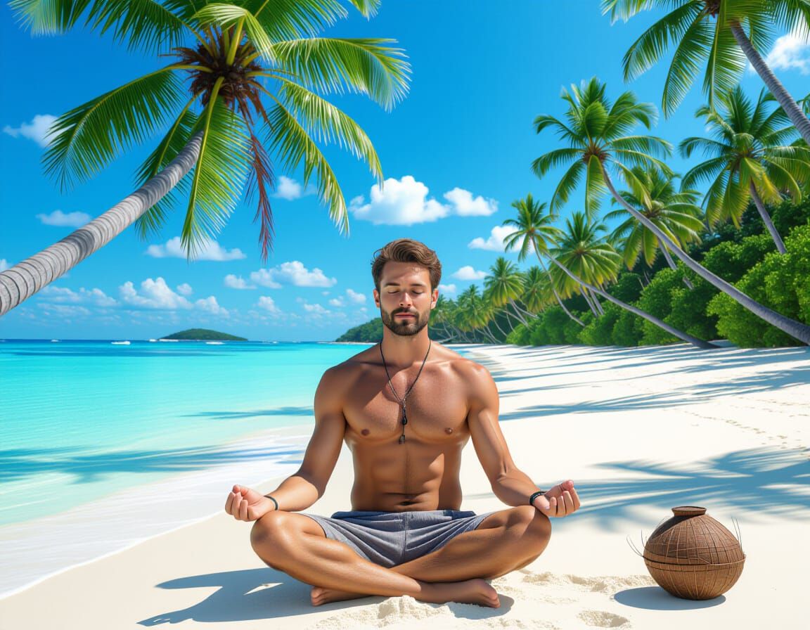 Man Meditating on Tropical Beach in Photorealistic Style
