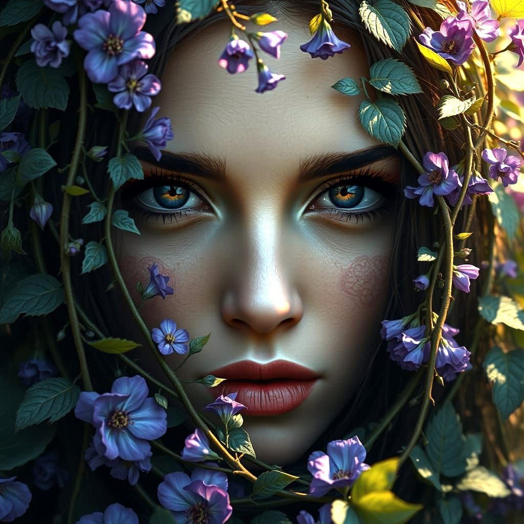 Woman's Enchanted Gaze Amidst Whirling Florals