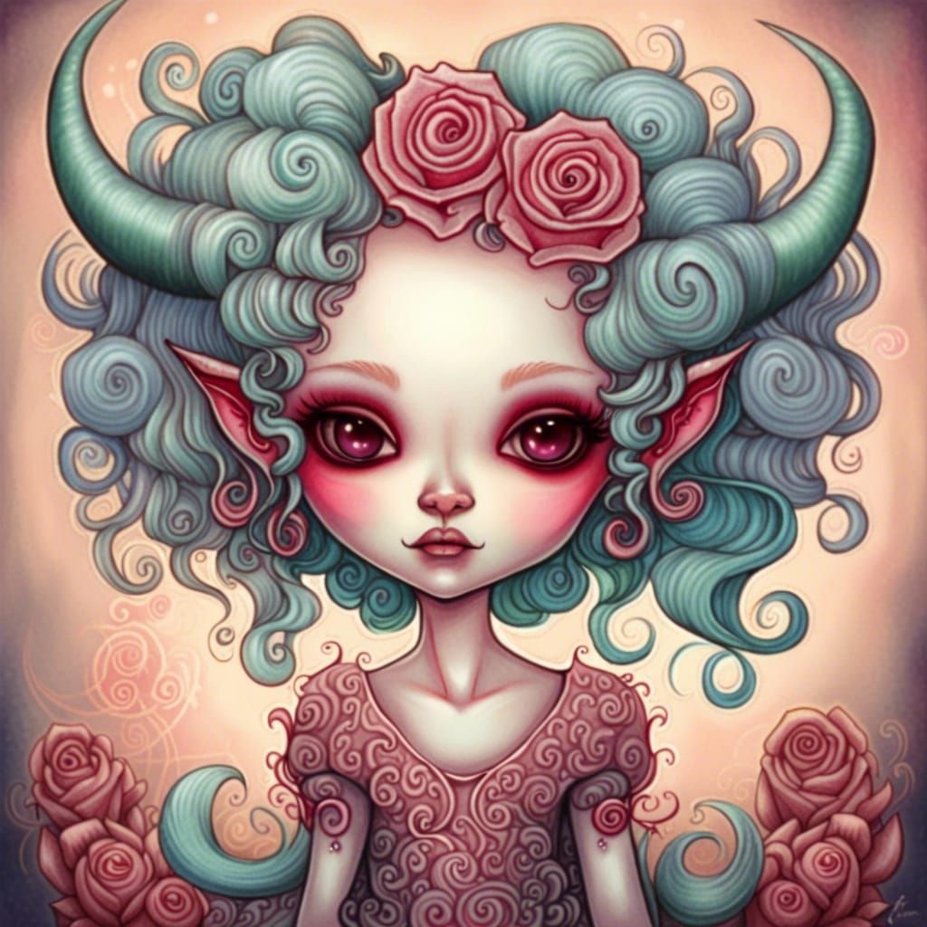 Whimsical Demonic Girl with Rose Hair