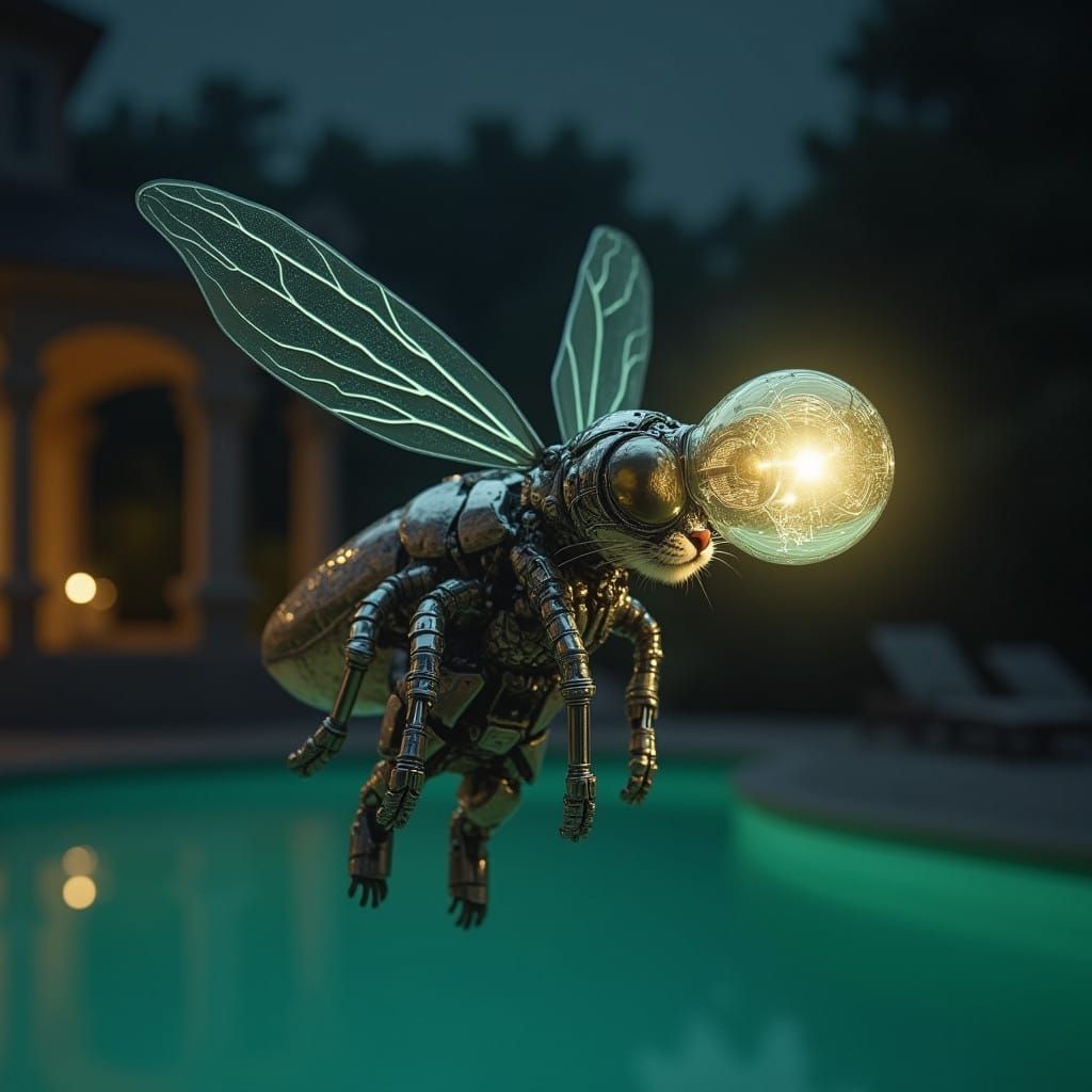 Cyberpunk Cat and Mechanical Firefly in Night Sky