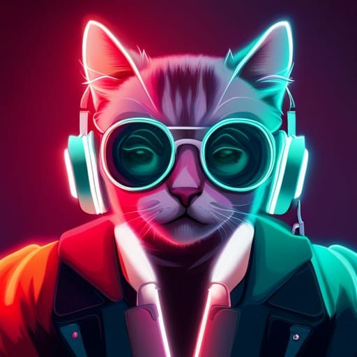 Neon Cat with Headphones in Cyberpunk Style