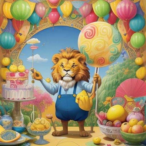 Lion Enjoys Colorful Array of Whimsical Lollipops in Playful...