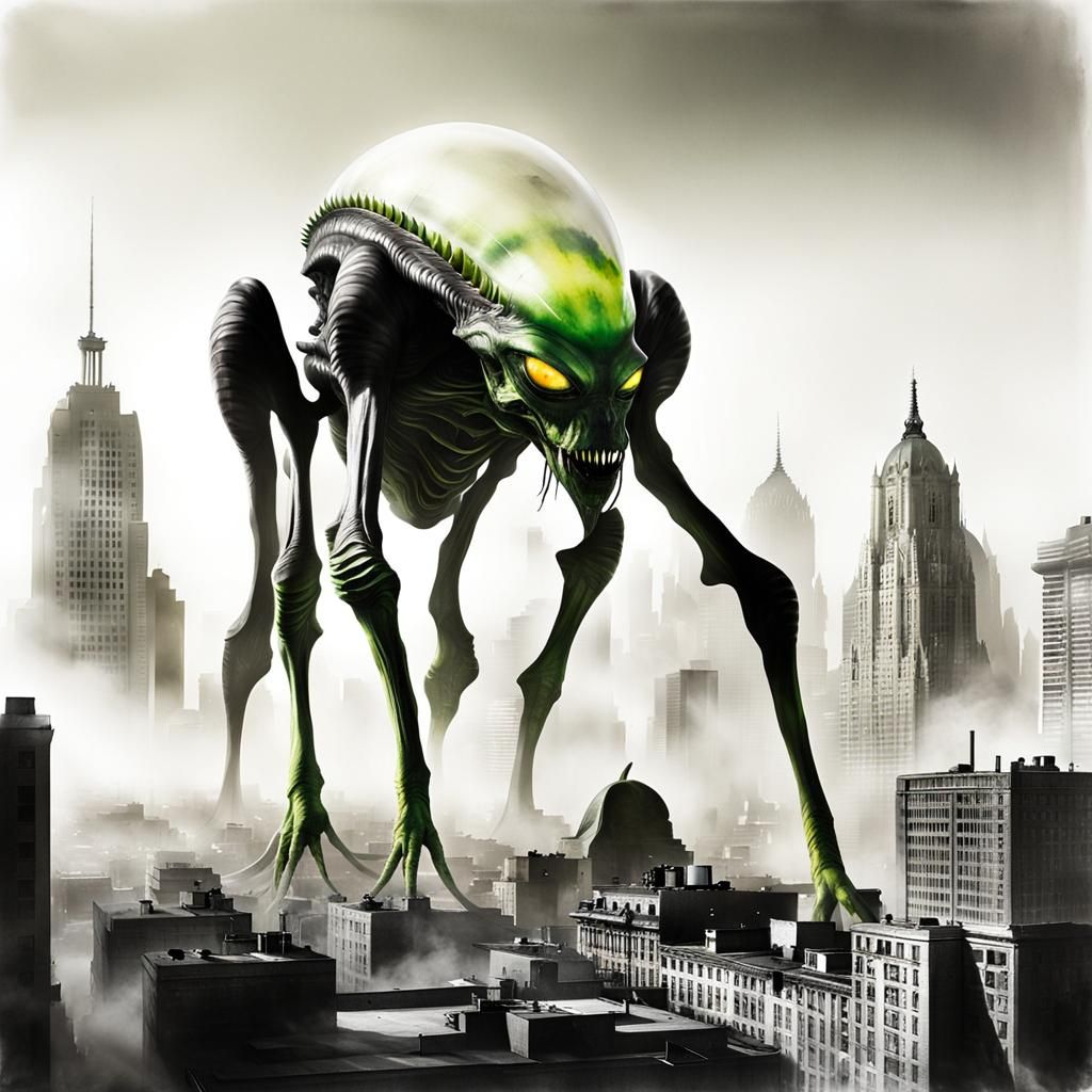 Surreal Alien Double Exposure in Dystopian Cityscape