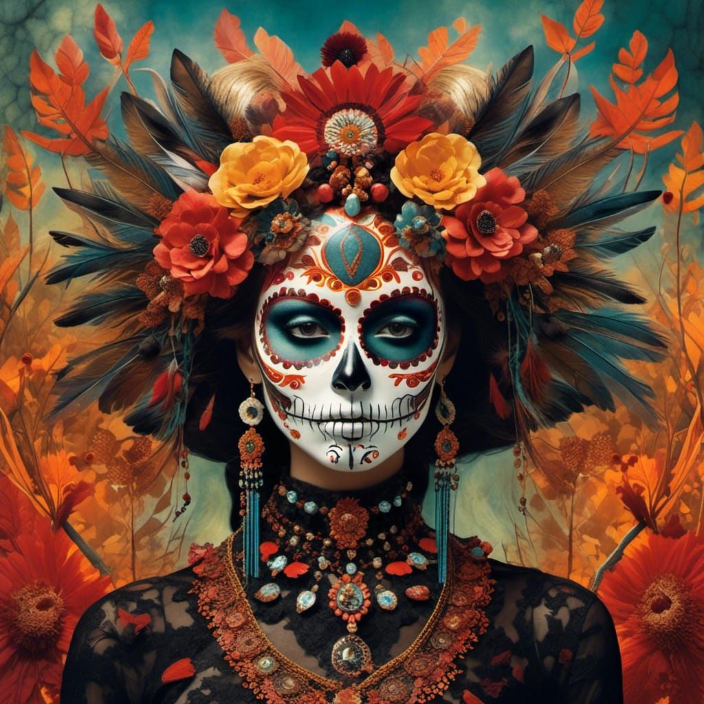 <lora:Mostly Magic:1.0> Sugar skull shaman Je me souviens des mouvements hésitants de mes rêves/hold tight,professional ...