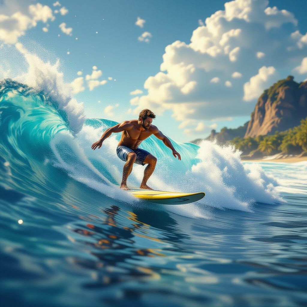 Surfer Rides Wave: Detailed Fantasy Concept Art