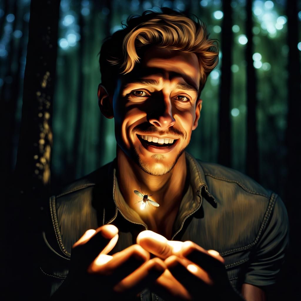 Delighted Man with Glowing Firefly in Forest