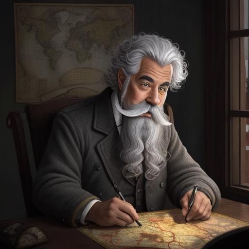 Old Cartographer Drawing a Map in Sunlight