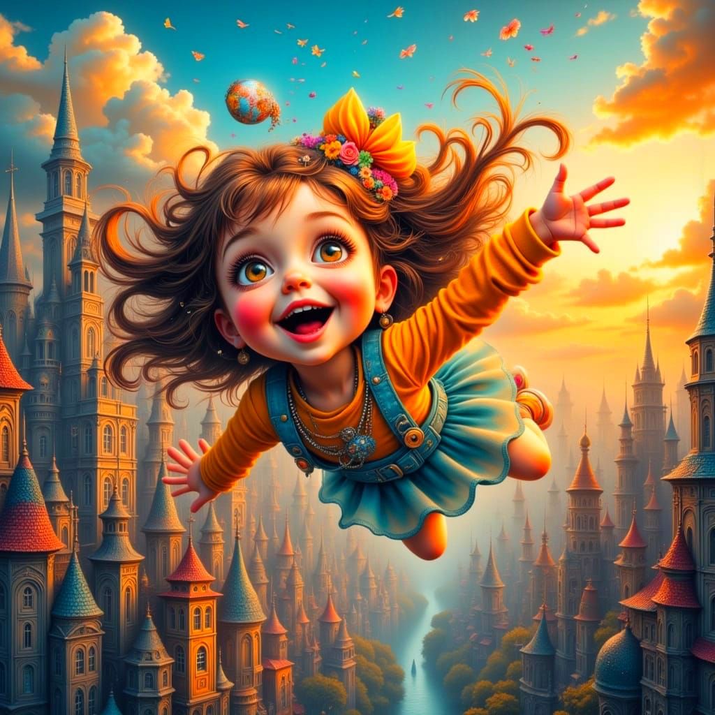 A Delighted Child Descends into Whimsical Dreamlike Cityscap...