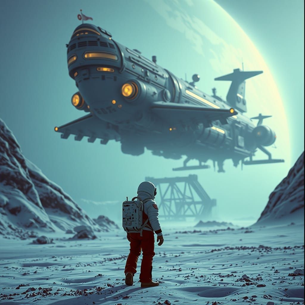 Steampunk Spaceship on Frozen Planet: Cinematic Film Still