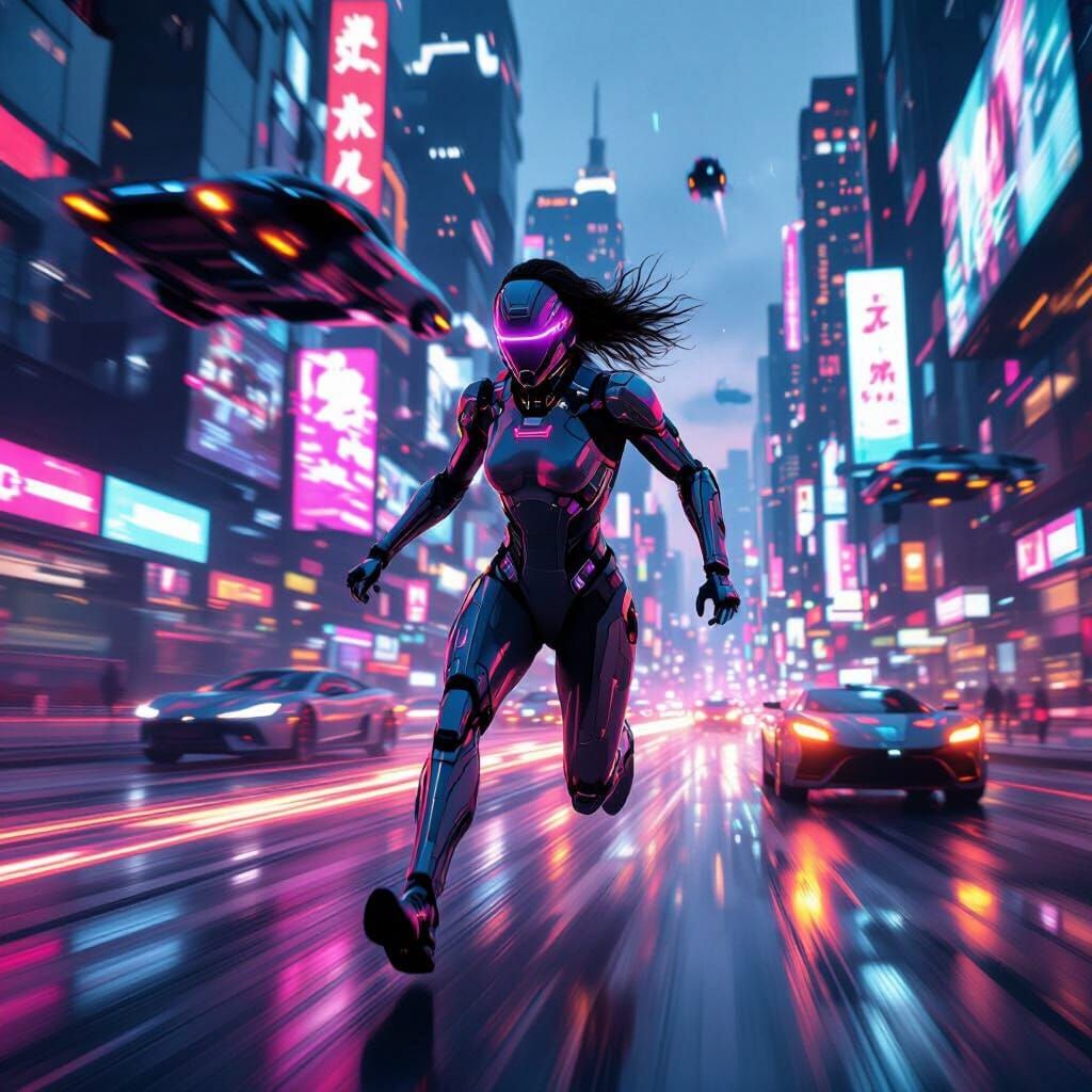 Cyborg Sprinter in Neon Metropolis: Cyberpunk Style
