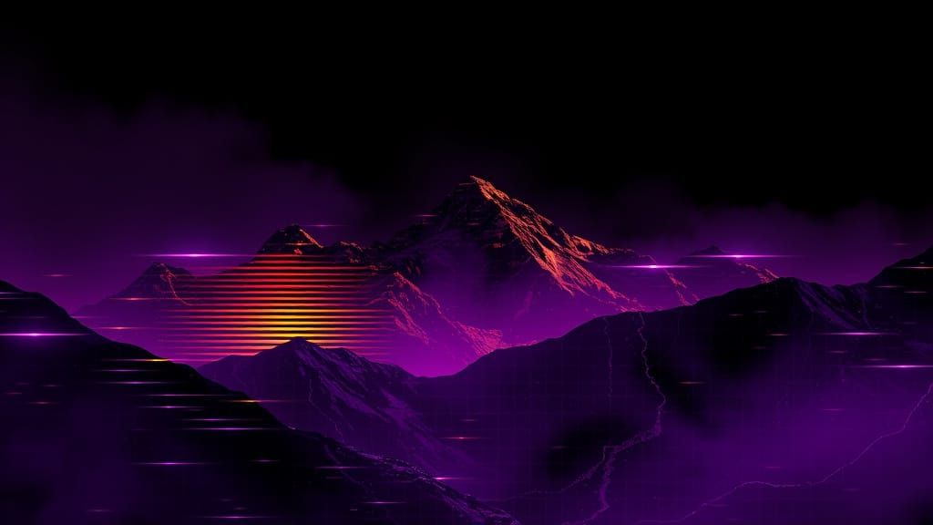 Glitch Art Mountain Landscape in Purple and Gold