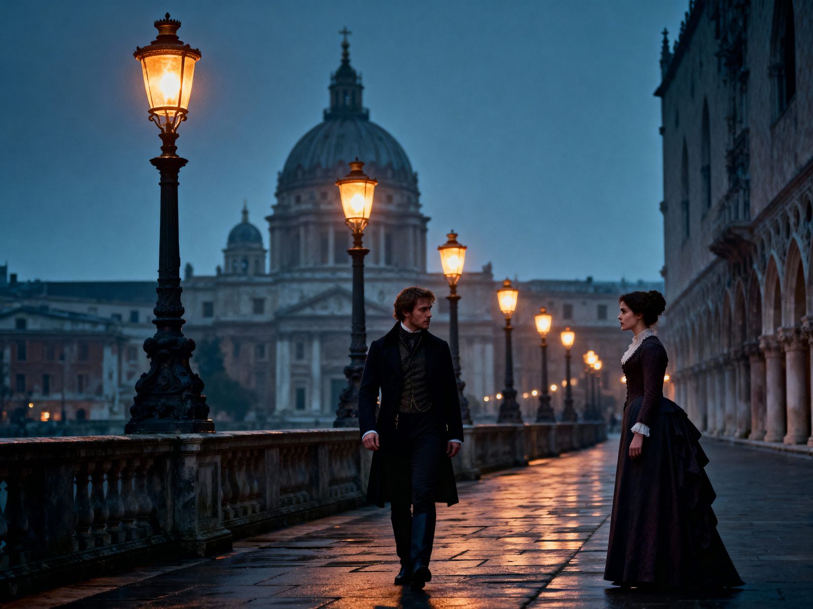 Victorian Couple Exchanging Glances in Period City