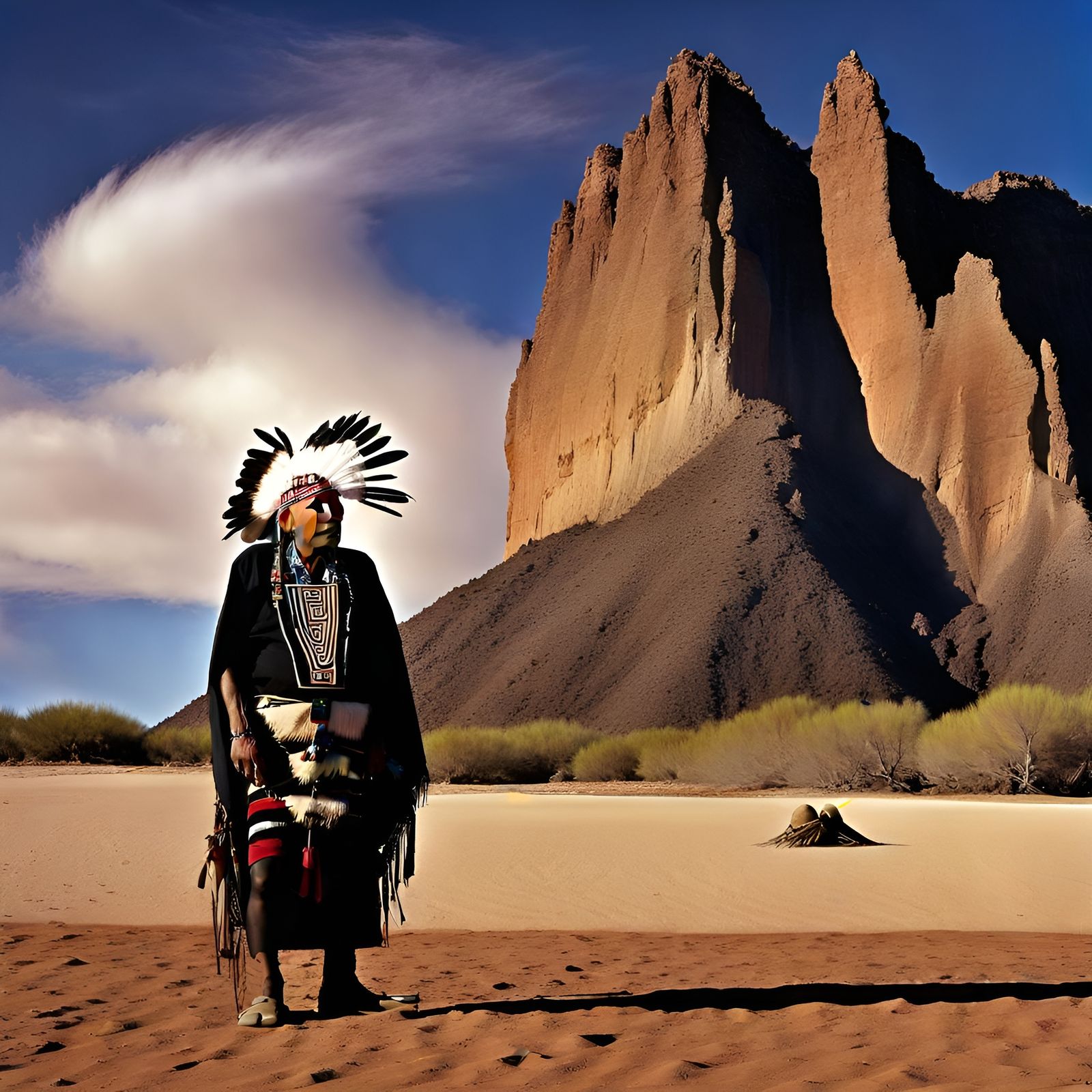 Navajo Elder with Hawk Overlooking Chuskan Sands