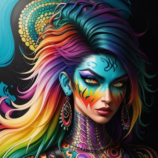 Rainbow Dragon Woman in Graffiti Street Art