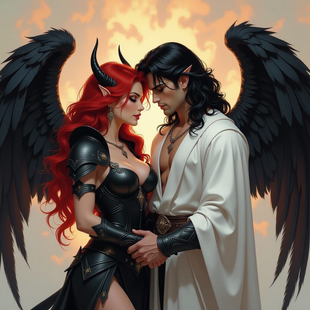 Demon and Angel Holding Hands in Fantasy Art