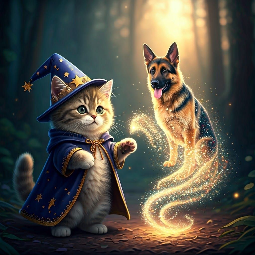 Enchanted Whimsy: A Wizard Kitten Conjures a Majestic German...