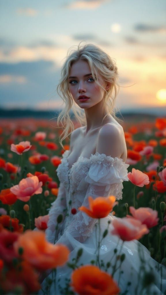 Ethereal Blonde Woman in Poppy Field at Twilight