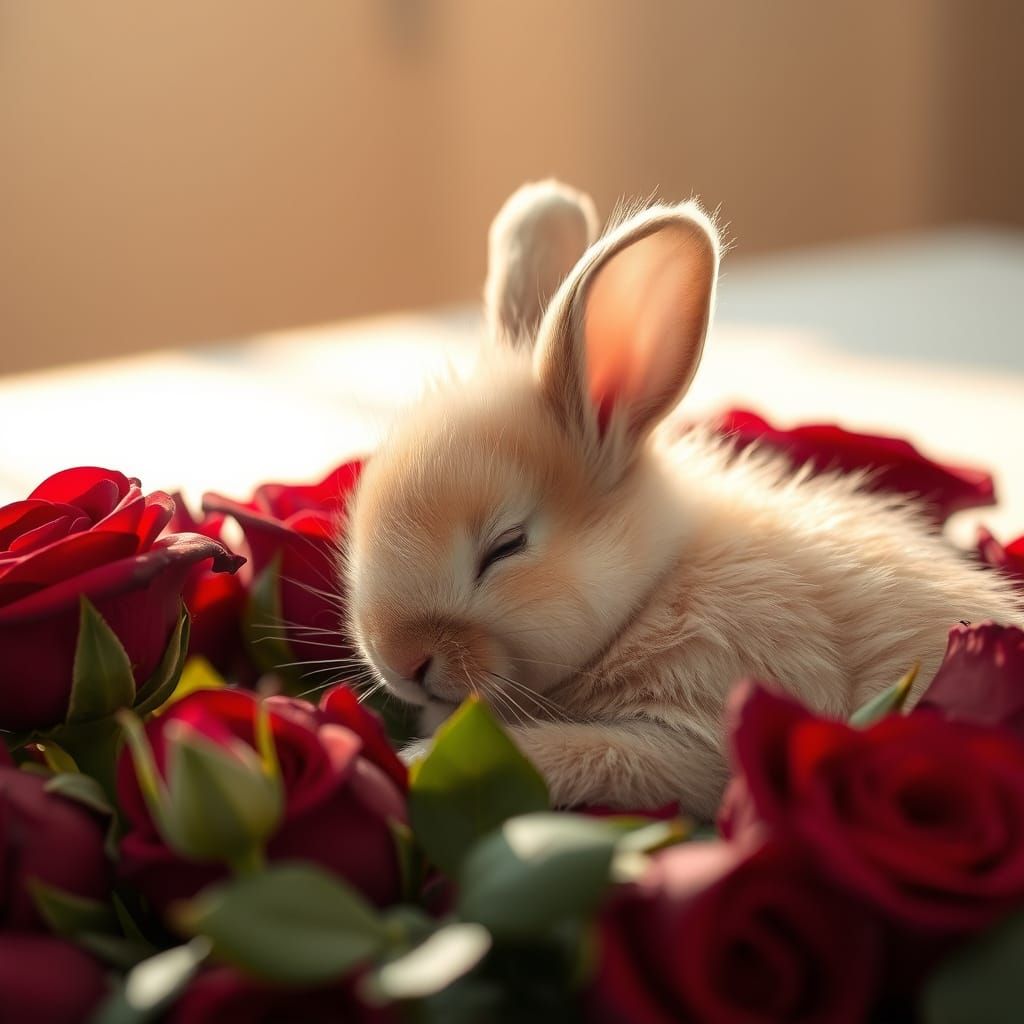 Fluffy bunny sleeping on red roses