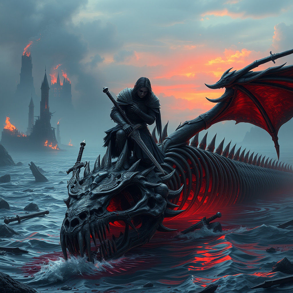 Warrior Mourns Dragon in Ruined Gothic Landscape