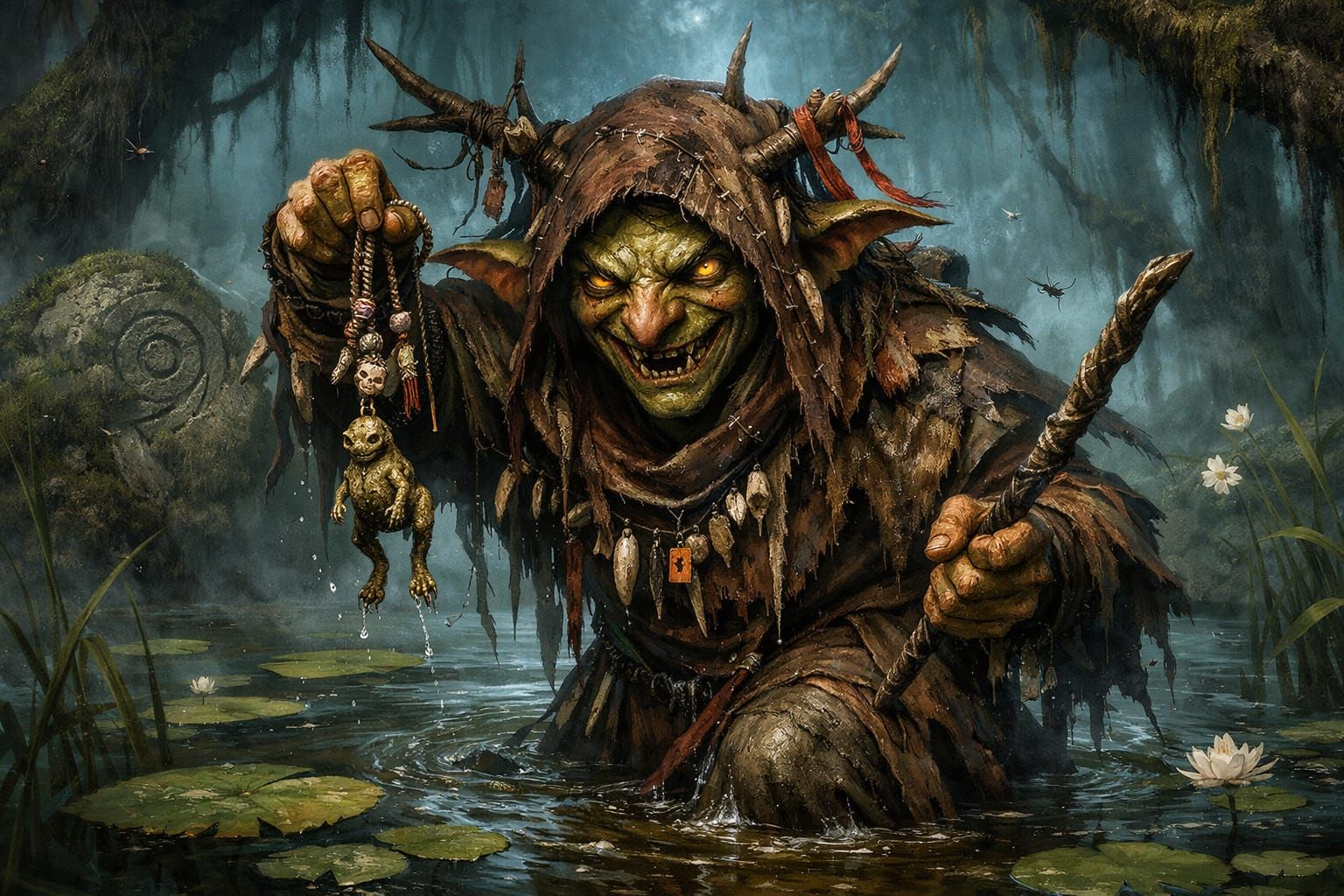 Cunning Goblin Warlock in Misty Swamp Marsh
