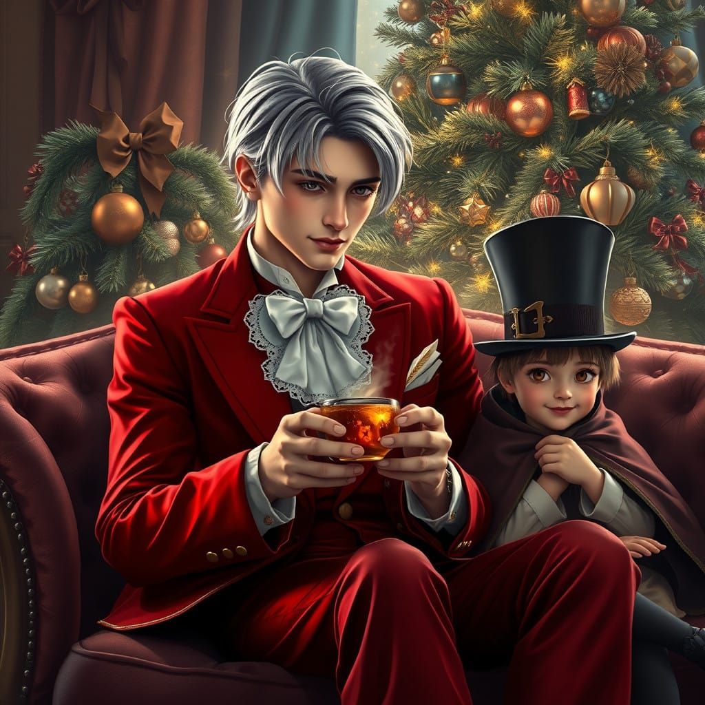 Elegant Young Gentleman Sits Beside Christmas Tree in a Stro...