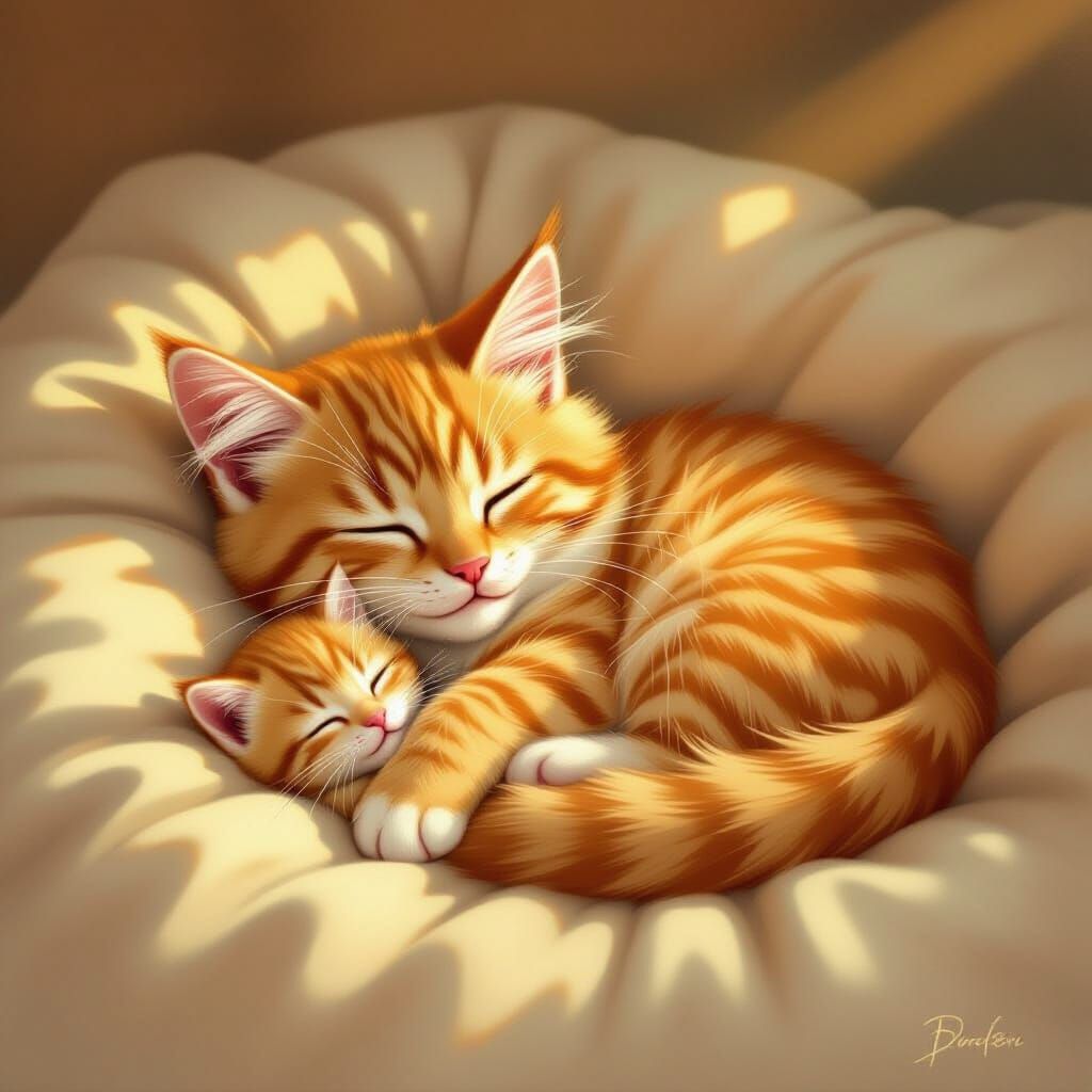 Fluffy Orange Cat Sleeps With Kitten in Painterly Style