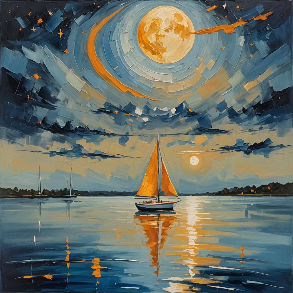 Sailboat Silhouetted Against Moon in Abstract Expressionism