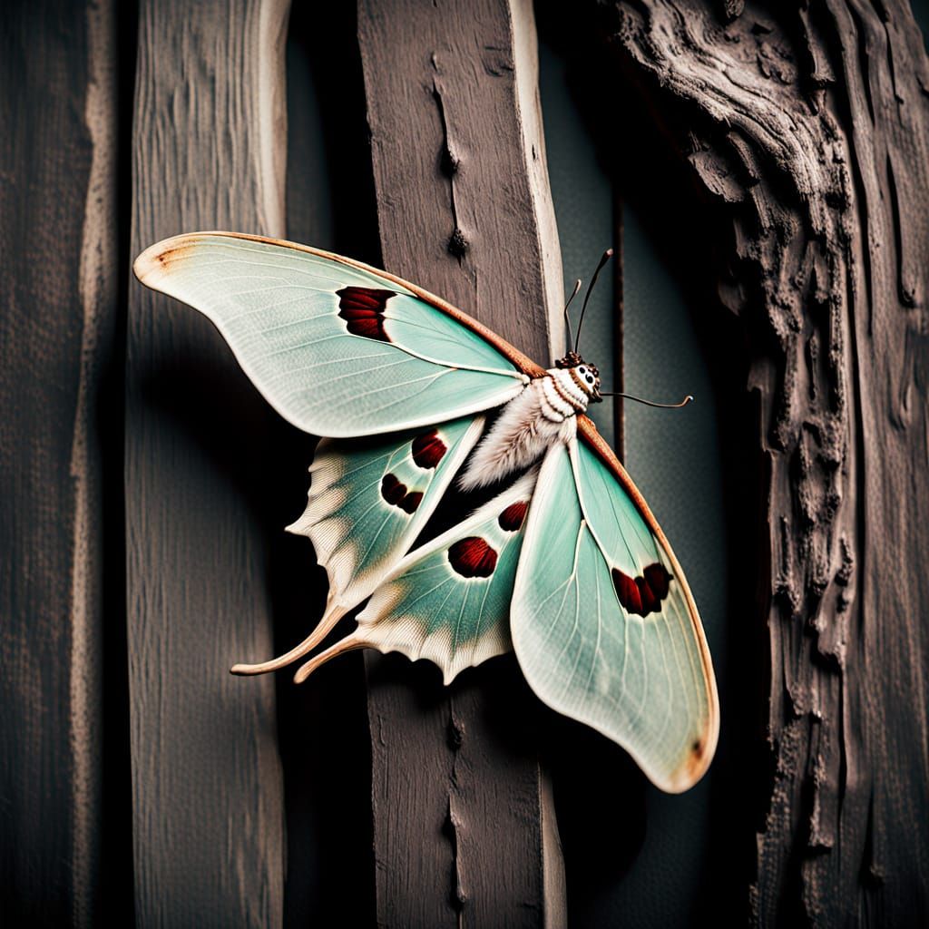 Ethereal Luna Moth on Decaying Wood in Antique Photo Style