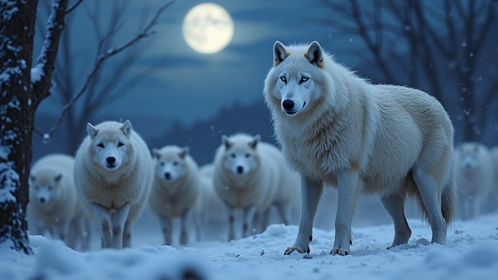 Majestic White Wolf Guards Flock Under Moonlit Winter Sky