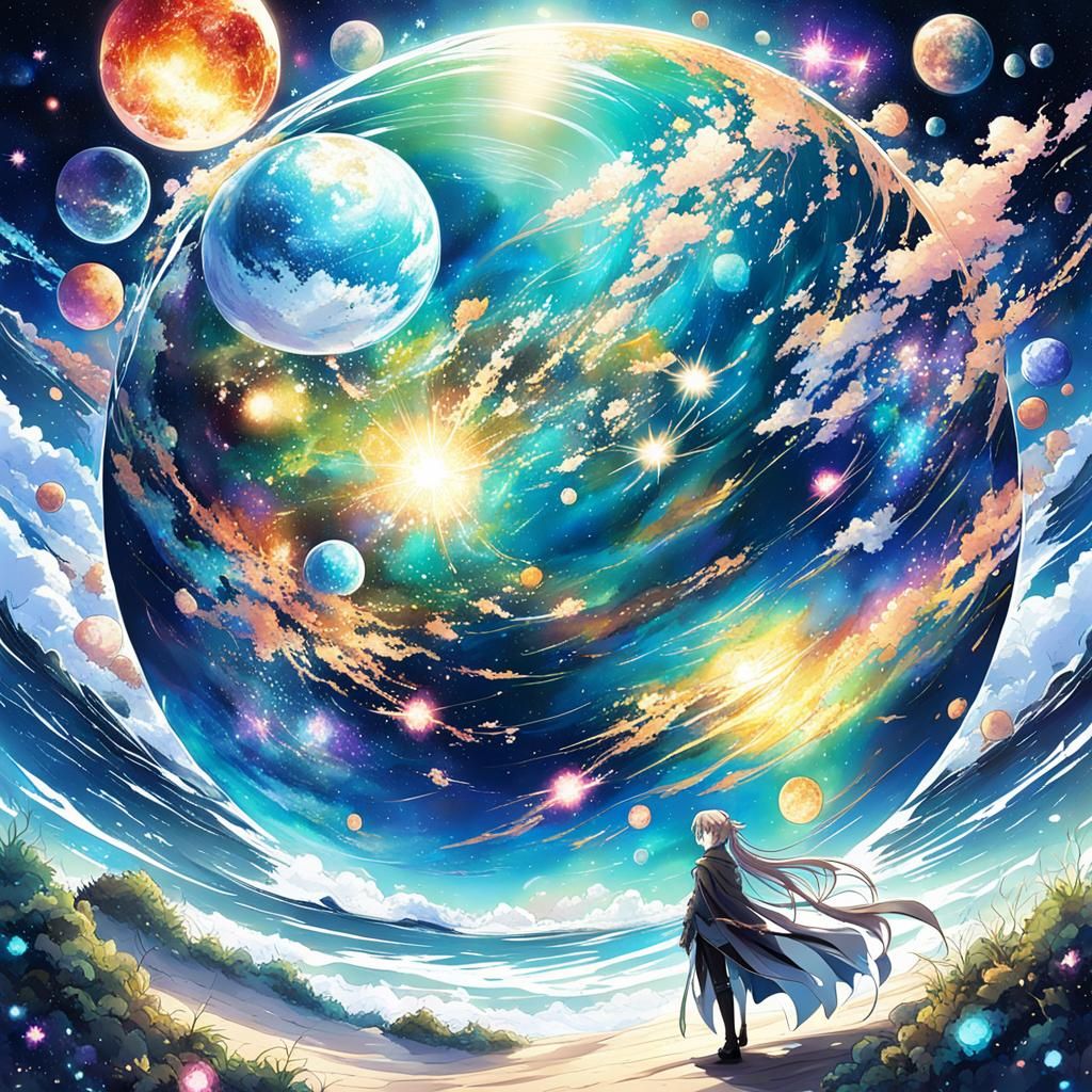 Dreaming Planet with Galaxies in Anime Style