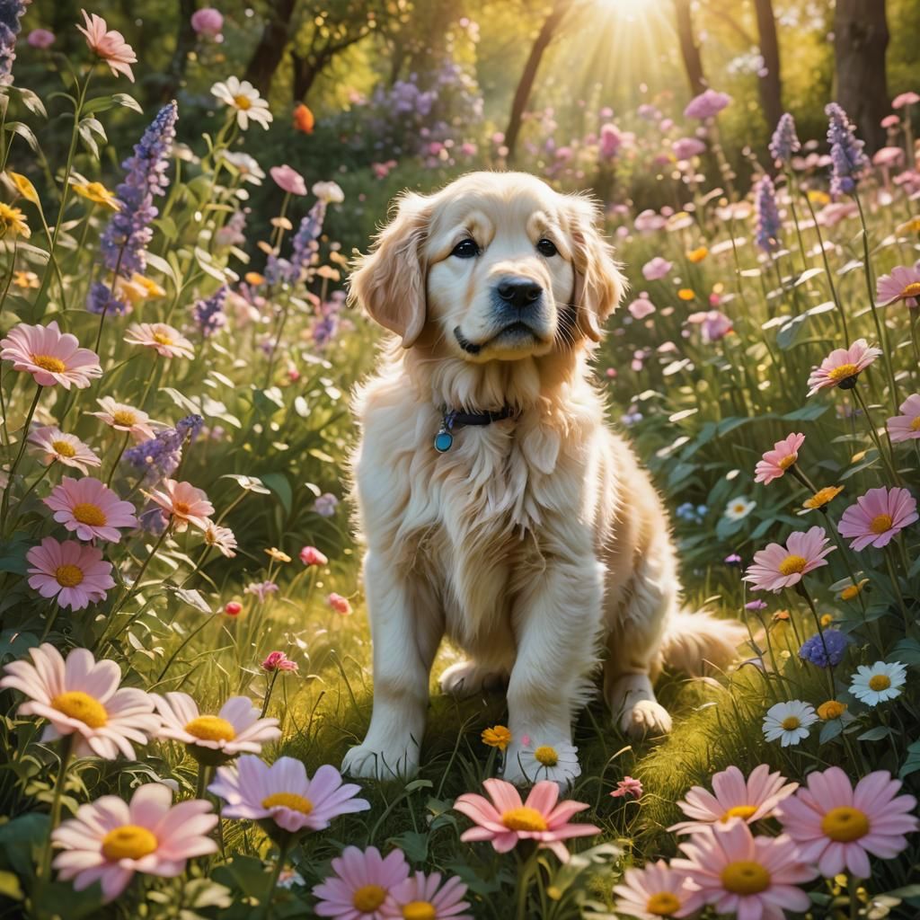 Golden Retriever Puppy in Whimsical Flower Forest