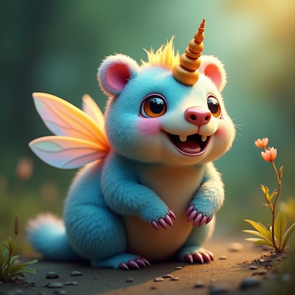 Iridescent Bee-Winged Bear with Unicorn Horn