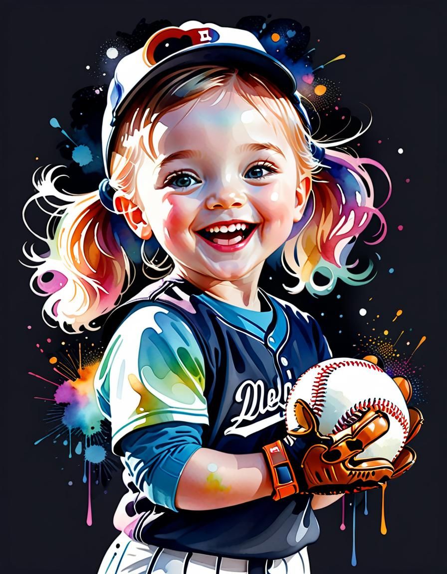 Happy Toddler with Baseball Glove in Watercolor Style